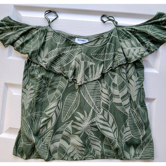 Old Navy Ruffled Cold Shoulder Cami Top XL green palm adjustable straps tropical - Picture 1 of 15